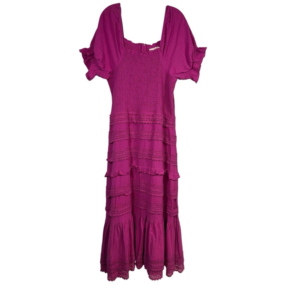 NWT Ivy City Sz XL Izzy Dress Hot Pink Midi Smocked Puff Sleeve Lace Tiered New